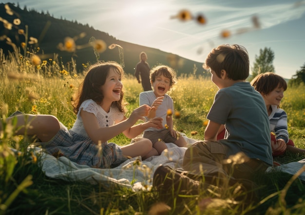 Uma foto de grande angular de uma família desfrutando de um piquenique em um campo ensolarado com crianças brincando e