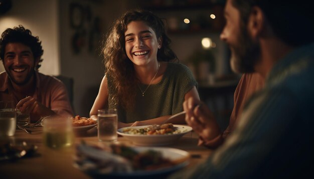 Foto uma foto de jantar em família características faciais claras relaxado e alegre lugar de estudo