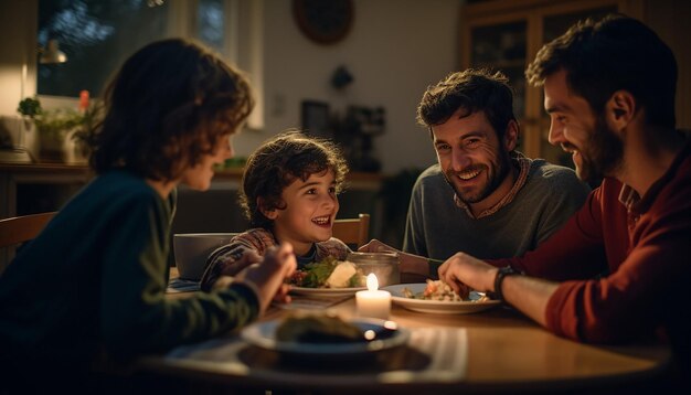 Foto uma foto de jantar em família características faciais claras relaxado e alegre lugar de estudo