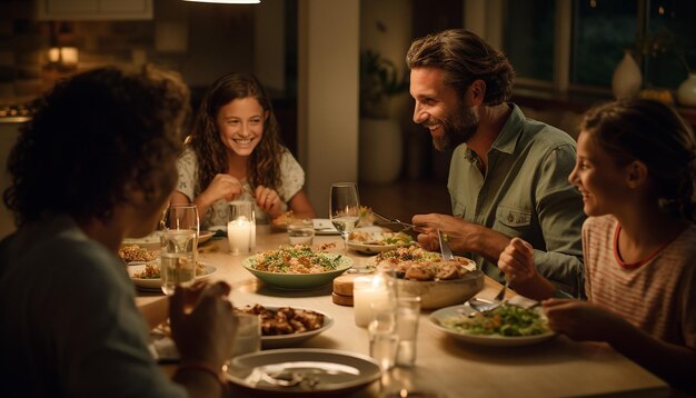 Foto uma foto de jantar em família características faciais claras relaxado e alegre lugar de estudo