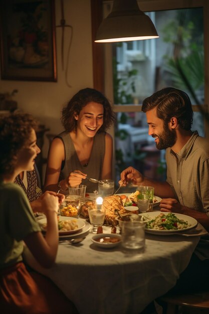 Foto uma foto de jantar em família características faciais claras relaxado e alegre lugar de estudo