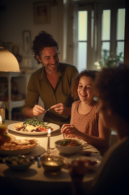 Foto uma foto de jantar em família características faciais claras relaxado e alegre lugar de estudo