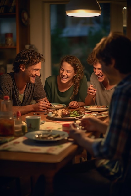 Uma foto de jantar em família características faciais claras relaxado e alegre lugar de estudo