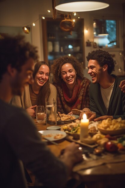 Foto uma foto de jantar em família características faciais claras relaxado e alegre lugar de estudo