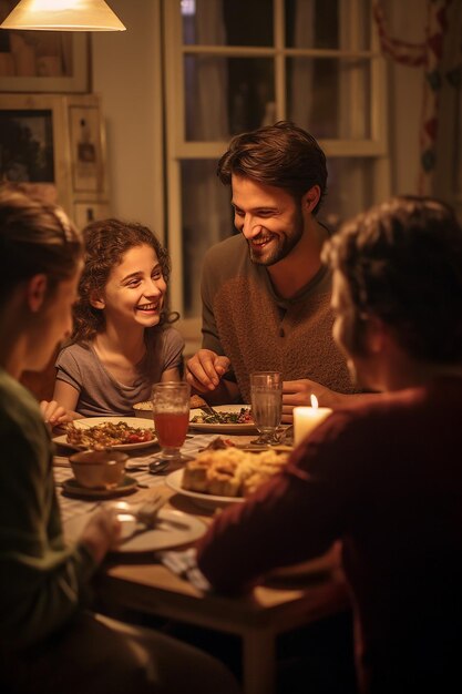 Foto uma foto de jantar em família características faciais claras relaxado e alegre lugar de estudo