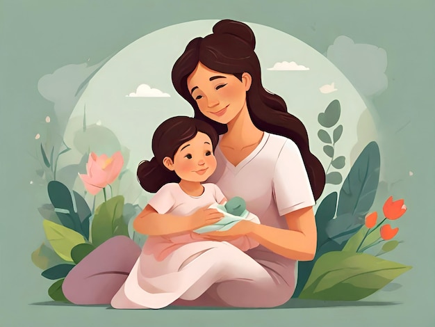 Uma foto de mãe segurando o bebê em seus braços Feliz Dia das Mães pintura de ilustração