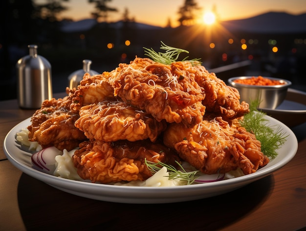 Uma foto de marketing em close-up de um frango frito empilhado em um prato