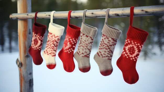 Foto uma foto de meias de natal feitas à mão penduradas em uma cerca de madeira com cenário de prado nevado