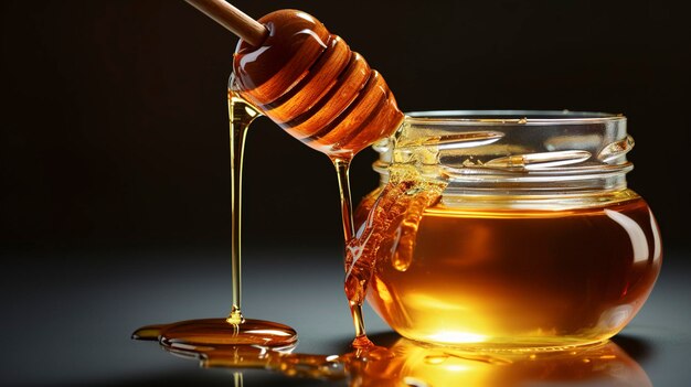 Uma foto de mel a chover pelos lados de um frasco de vidro