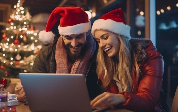 Foto uma foto de meninos e meninas celebrando o feliz natal com um laptop