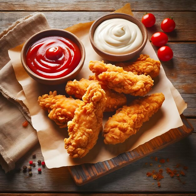 Uma foto de molho de tomate e frango frito crocante em um prato 1