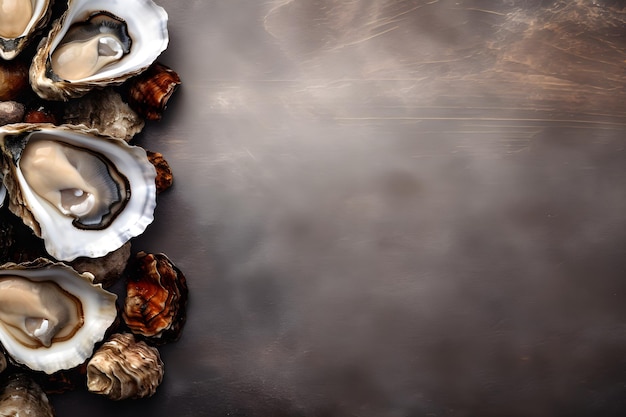 Uma foto de ostras com uma borda de folhas e sementes