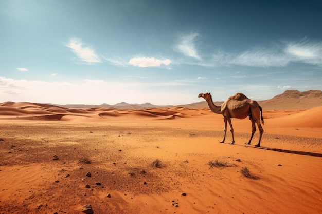 uma foto de paisagem de uma vasta paisagem desértica com um camelo solitário ou oásis à distância