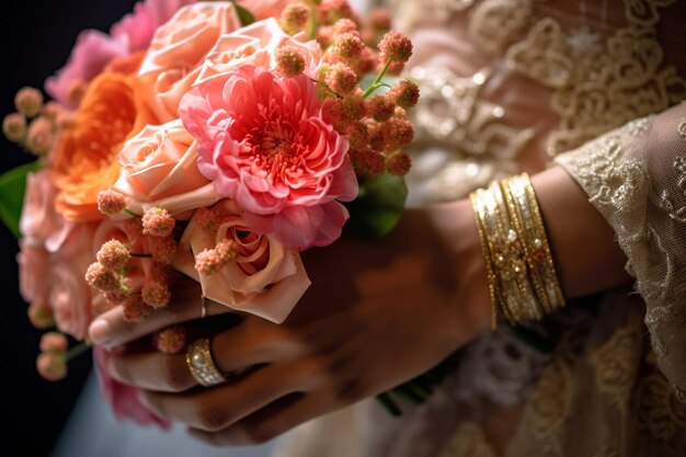 Uma foto de perto das mãos de uma noiva segurando seu belo buquê de casamento