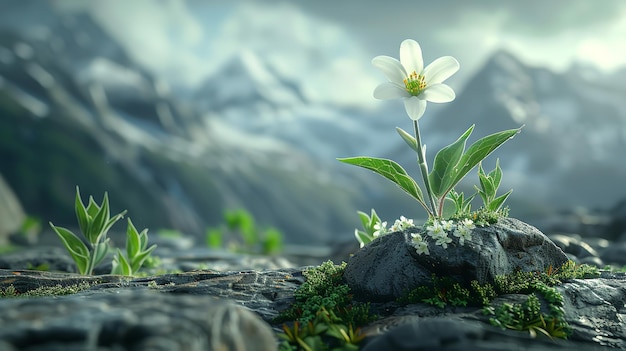 Foto uma foto de perto de edelweiss florescendo em rochas entre a natureza com um grande pano de fundo desfocado para texto ou fundo de publicidade de produto ia geradora