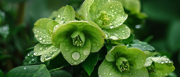 Foto uma foto de perto de gotas de chuva frescas em hellebores verdes exuberantes na primavera com um grande espaço desfocado para texto ou fundo de produto ia geradora