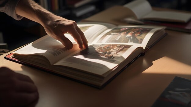 Uma foto de perto de mãos folheando páginas de um livro em uma mesa bem organizada