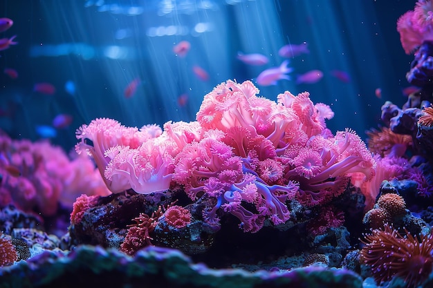 Foto uma foto de perto de um belo recife de coral rosa debaixo d'água, uma imagem de fundo com cor rosa vibrante e água azul com espaço para texto.