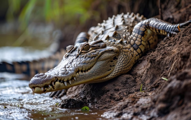Foto uma foto de perto de um crocodilo nidificando na margem de um rio