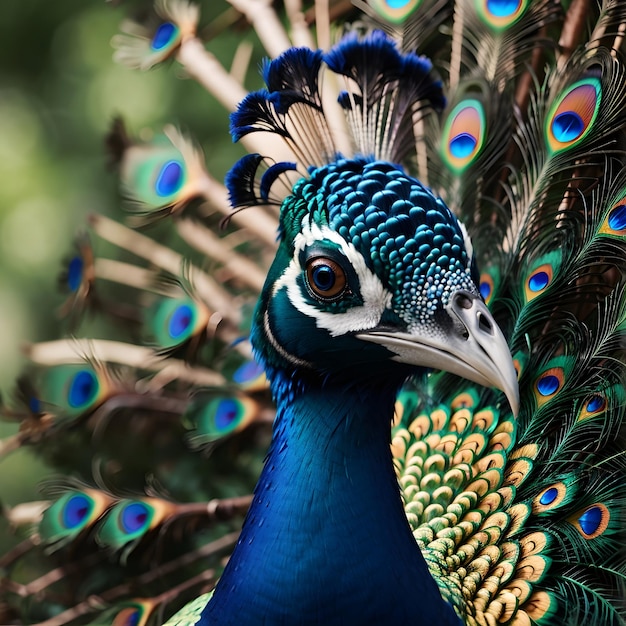 Uma foto de perto de um impressionante pavão em vista natural