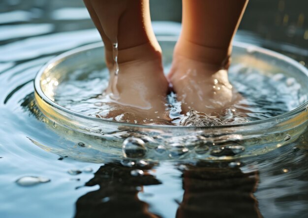 Uma foto de perto dos pés de um bebê mergulhado numa pequena tigela de água capturando as ondulações e os reflexos