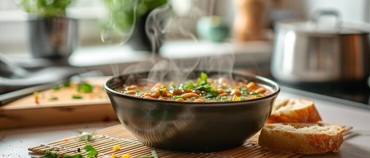 Foto uma foto de perto e pessoal mostra uma tigela de ribollita com pão em um tapete de bambu contra um fundo de cozinha branco e nebuloso com espaço para texto.