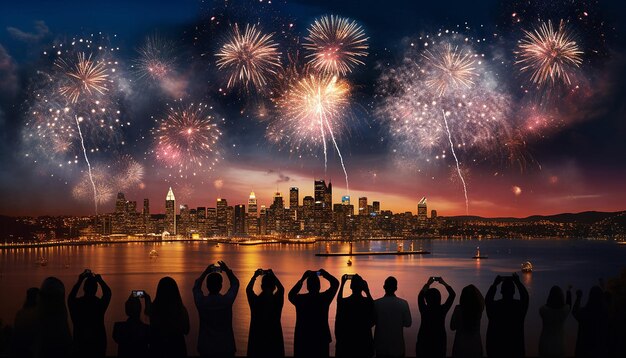 Foto uma foto de pessoas assistindo a um espetacular espetáculo de fogos de artifício sobre o horizonte da cidade