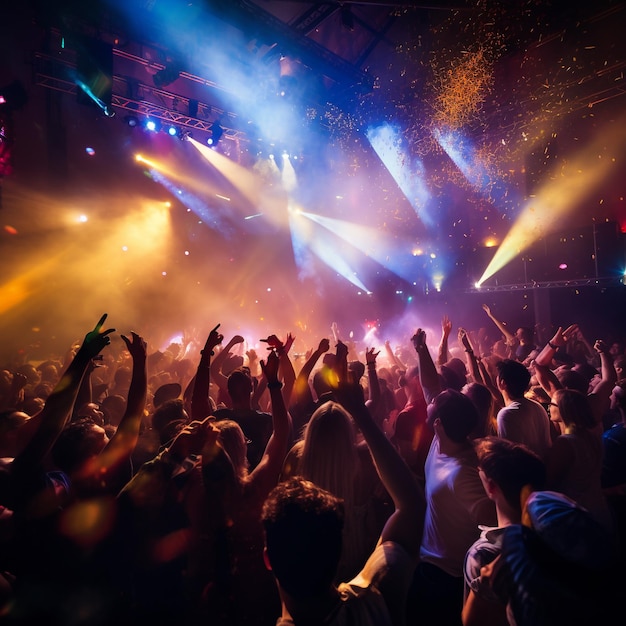 uma foto de pessoas felizes dançando em um concerto de festa em uma boate