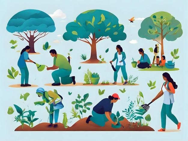 uma foto de pessoas trabalhando em um parque plantando árvores e plantas