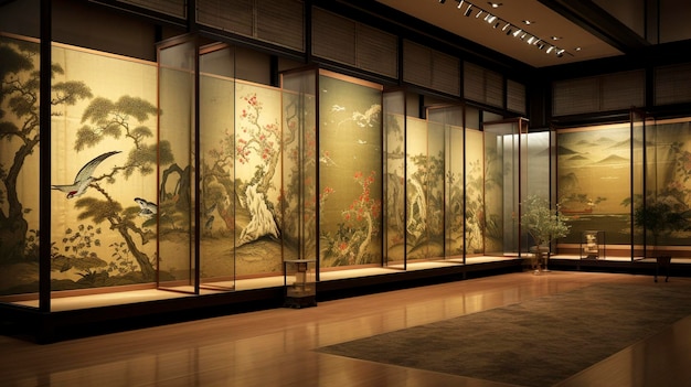 Uma foto de pinturas tradicionais japonesas adornando uma galeria oriental