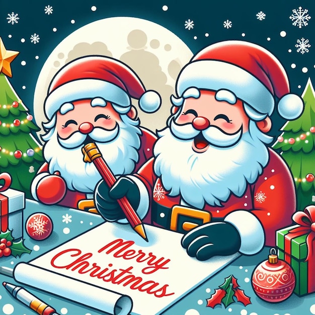 uma foto de Santa Claus com um quadro branco com Santa e Santa Claus escrevendo nele