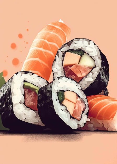 Uma foto de sushi com a foto de um salmão.