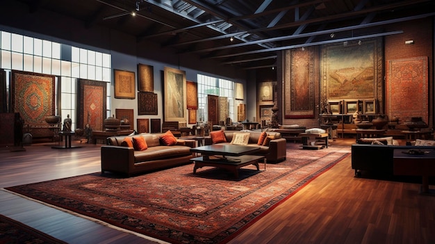 Uma foto de tapetes persas adicionando calor a uma galeria de arte eclética