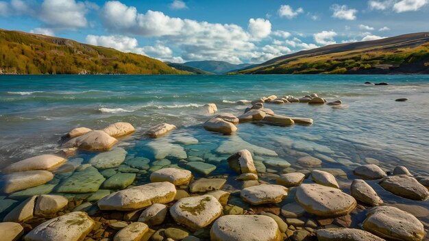 Uma foto de tirar o fôlego de belas pedras sob a água turquesa de um lago e colinas ao fundo