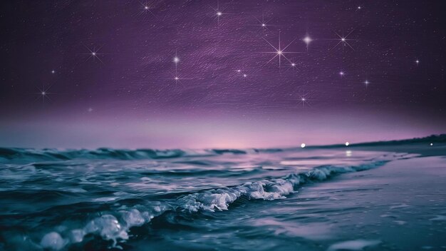 Uma foto de tirar o fôlego do mar sob um céu escuro e roxo cheio de estrelas.