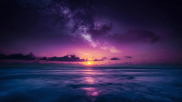 Uma foto de tirar o fôlego do mar sob um céu escuro e roxo cheio de estrelas.