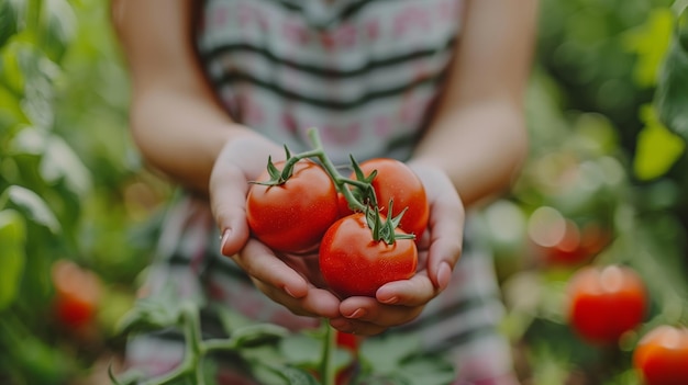 Uma foto de tomates nas mãos de uma menina contra o fundo de camas com legumes