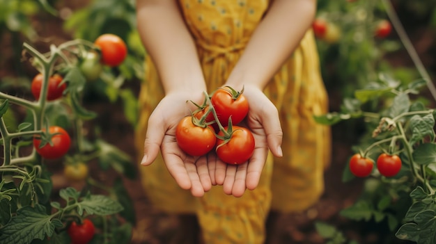 Uma foto de tomates nas mãos de uma menina contra o fundo de camas com legumes