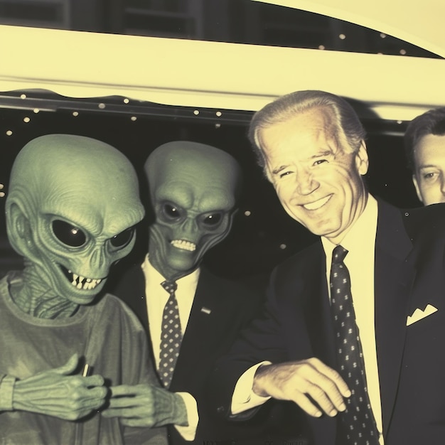 uma foto de três homens alienígenas e um com um homem de terno.