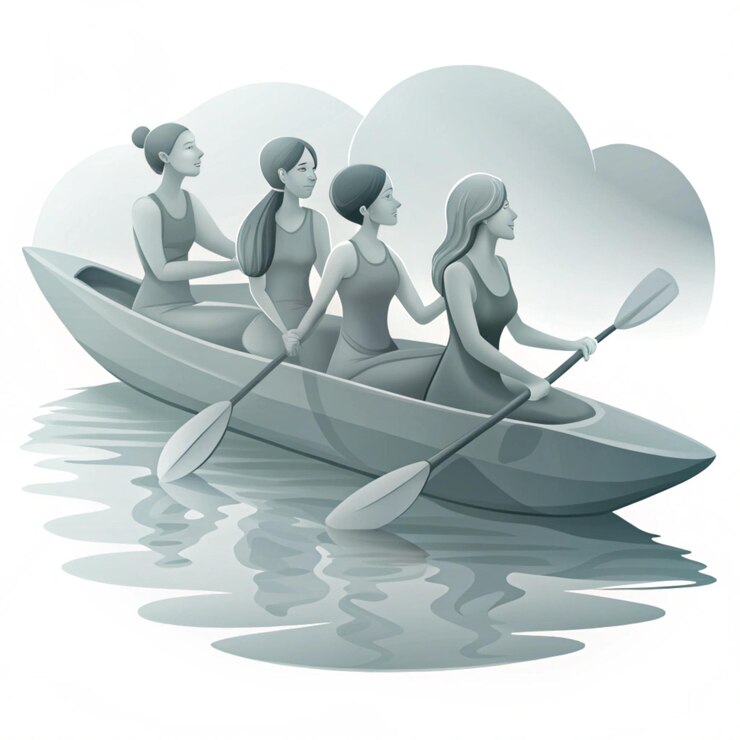 Foto uma foto de três mulheres em um barco de fila com as palavras "paddles quot"