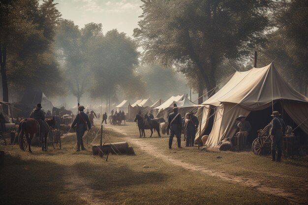 Uma foto de um acampamento com barracas e um grande número de pessoas em primeiro plano.