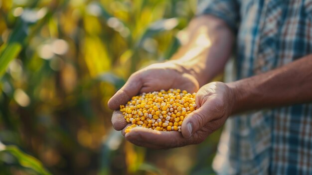 Uma foto de um agricultor segurando grãos de milho na mão gerada por inteligência artificial