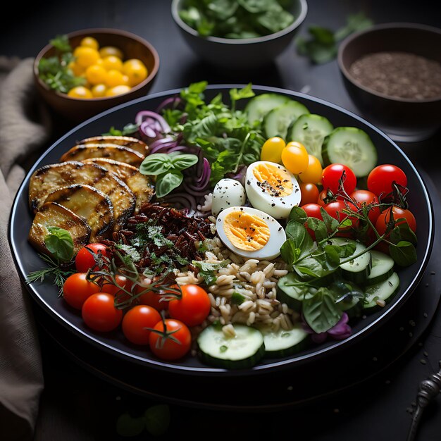 uma foto de um almoço nutritivo e saudável A imagem mostra um prato colorido com legumes frescos