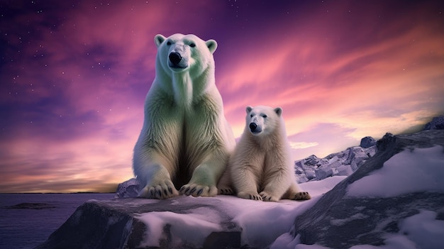 Uma foto de um ambiente de tundra com ursos polares luzes do norte