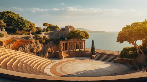 Uma foto de um anfiteatro grego com vista para o mar como pano de fundo com iluminação de hora de ouro
