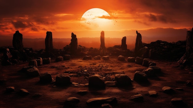 Uma foto de um antigo círculo de pedra contra um pôr-do-sol ardente