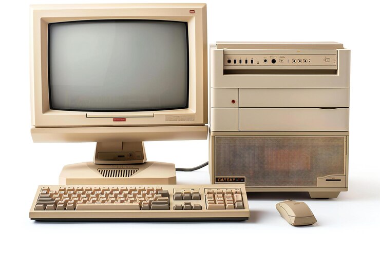 Foto uma foto de um antigo computador bege com um monitor e teclado contra um fundo branco sem sombra