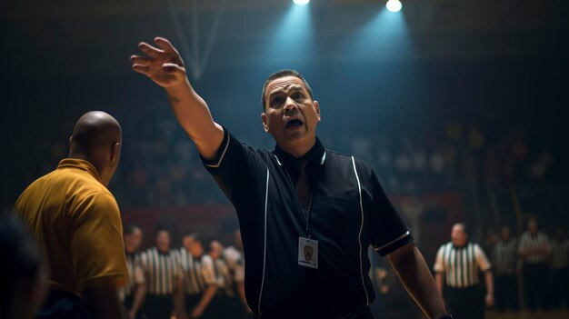 Foto uma foto de um árbitro de basquete fazendo uma decisão crucial