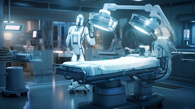 Uma foto de um assistente cirúrgico robótico em uma operação