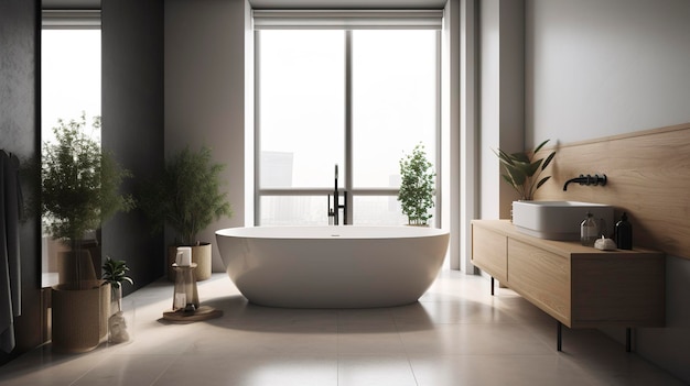 Uma foto de um banheiro moderno com vaidade minimalista e banheira independente